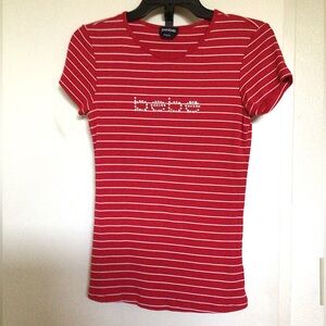 bebe Red Striped Logo Ribbed Tee